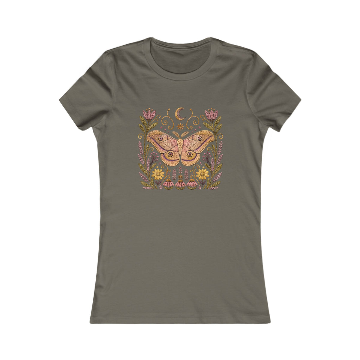 T-Shirt, Short Sleeve Crew Neck - Floral Elephant Hawk Moth & Moon