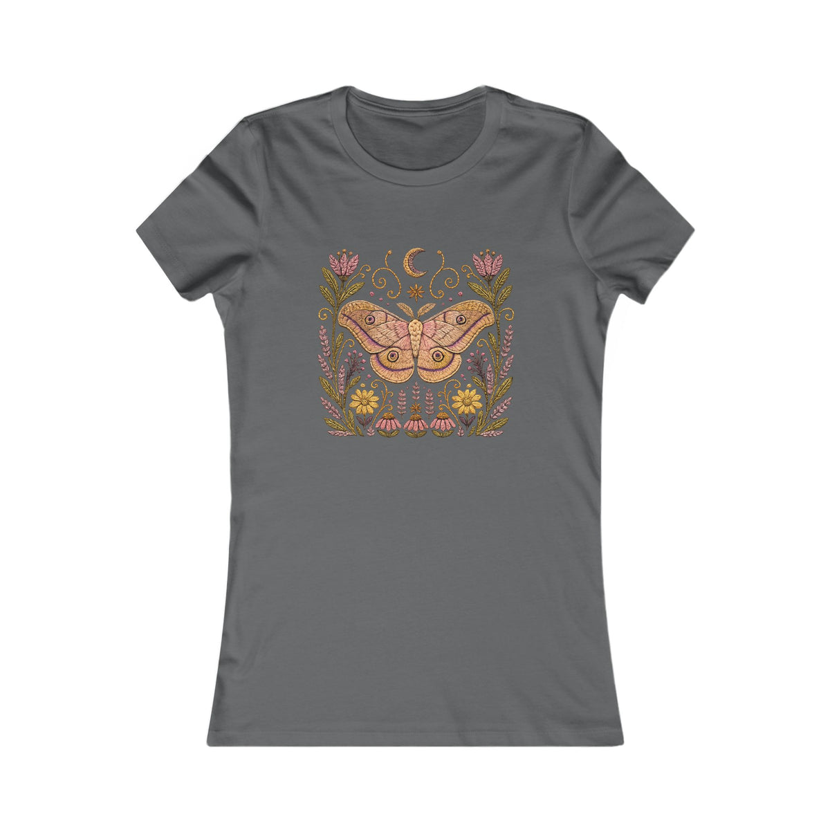 T-Shirt, Short Sleeve Crew Neck - Floral Elephant Hawk Moth & Moon