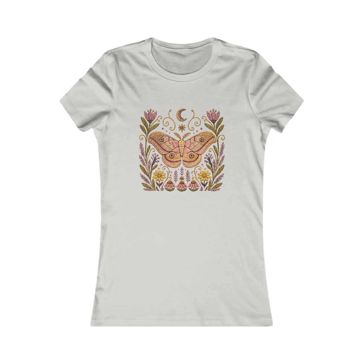 T-Shirt, Short Sleeve Crew Neck - Floral Elephant Hawk Moth & Moon