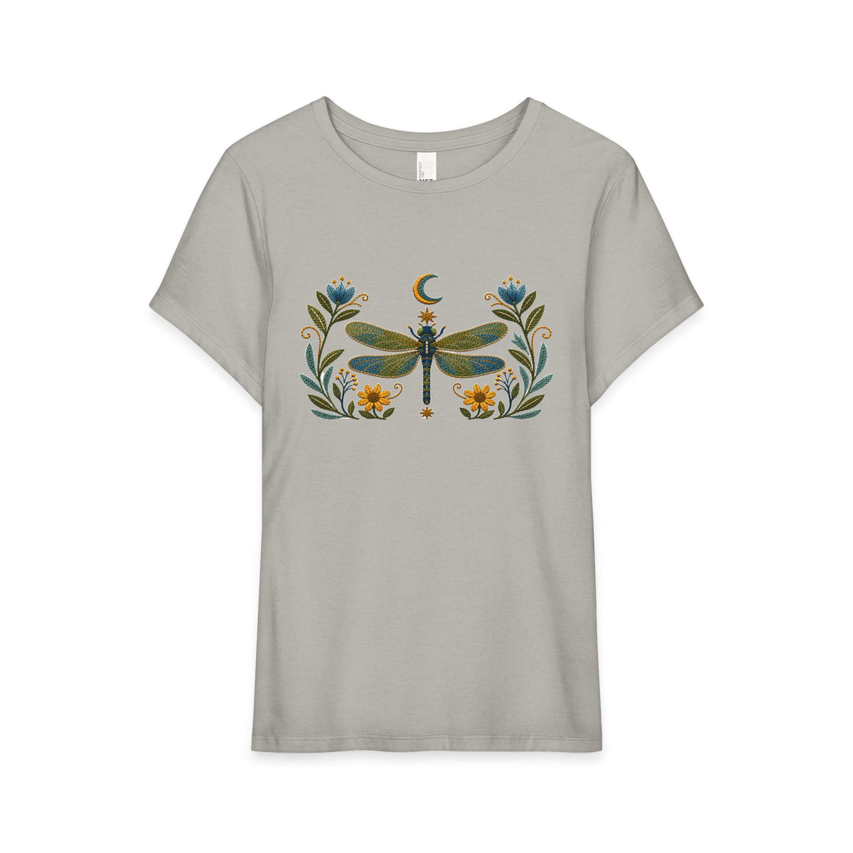 T-Shirt, Short Sleeve Wide Neck Relaxed Fit - Floral Dragonfly & Moon