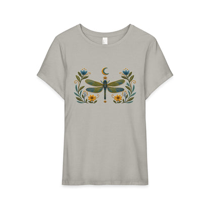 T-Shirt, Short Sleeve Wide Neck Relaxed Fit - Floral Dragonfly & Moon