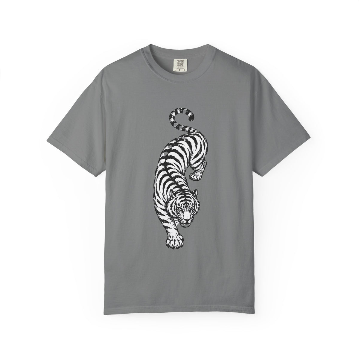 T-Shirt, Short Sleeve Boxy Crew Neck - Black & White Tiger