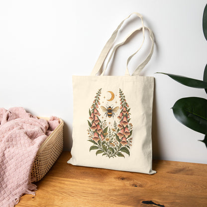 Tote, Canvass bag - Floral Botanical Bee Foxglove & Moon