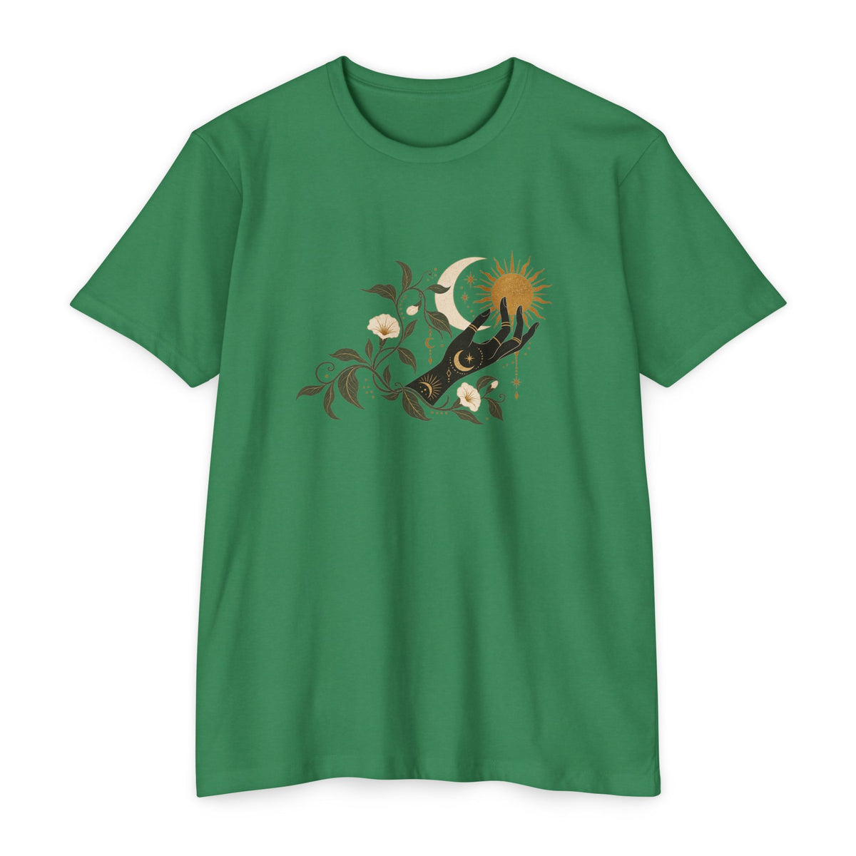 T-Shirt, Short Sleeve Boxy Crew Neck - Botanical Hand Reaching for the Sun
