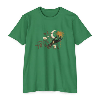 T-Shirt, Short Sleeve Boxy Crew Neck - Botanical Hand Reaching for the Sun