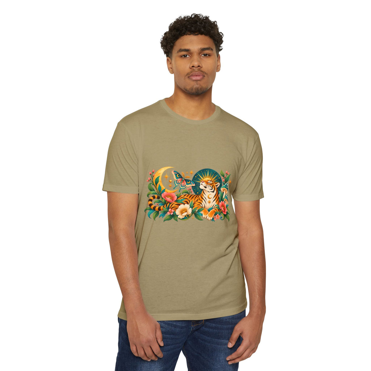 T-Shirt, Short Sleeve Boxy Crew Neck- Tiger Moon Celestial Floral