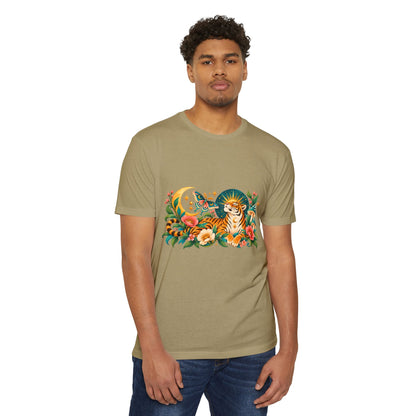 T-Shirt, Short Sleeve Boxy Crew Neck- Tiger Moon Celestial Floral