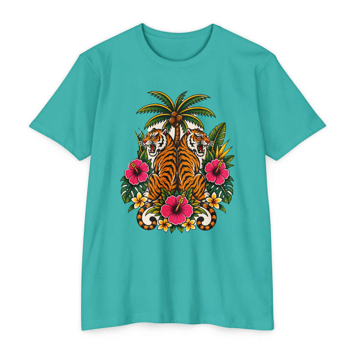 T-Shirt, Short Sleeve Boxy Crew Neck - Tiger Tiger Tropics Vintage Floral Palm