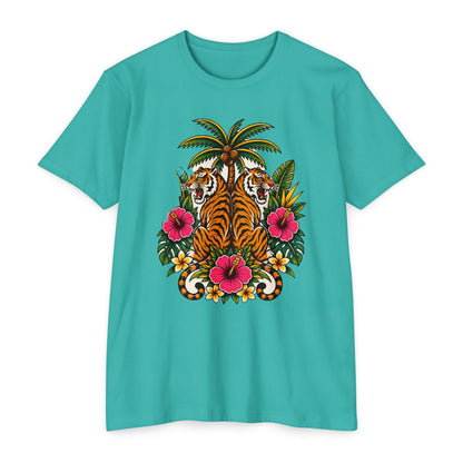 T-Shirt, Short Sleeve Boxy Crew Neck - Tiger Tiger Tropics Vintage Floral Palm