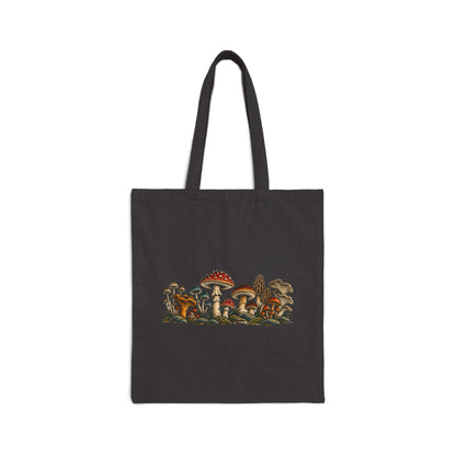 Mushroom Garden Canvas Tote Bag — Vintage Wild Fungi Illustration Eco Market Bag