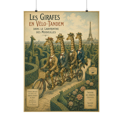 Poster, Art Print - Giraffes on Tandem Bicycles in a Maze