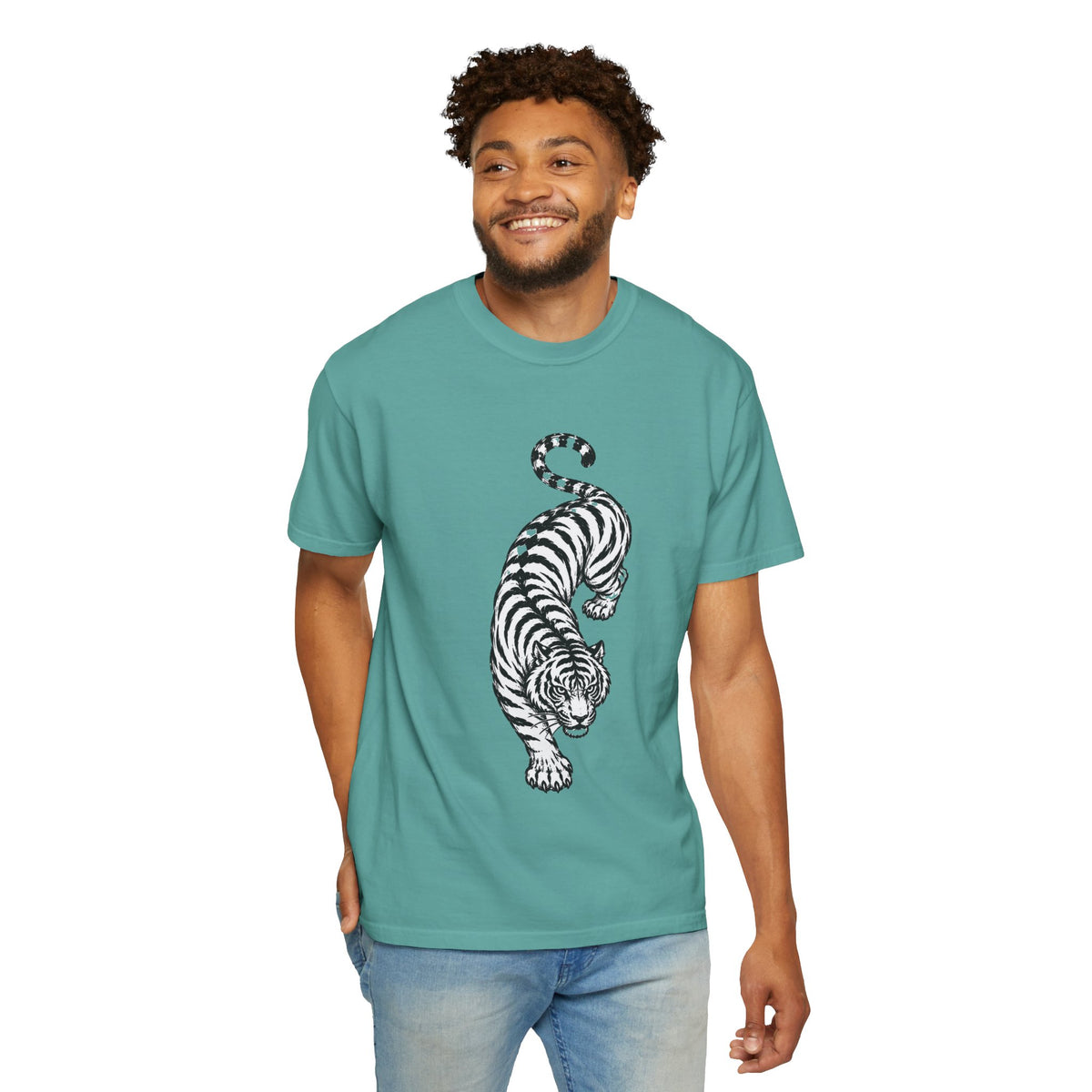 T-Shirt, Short Sleeve Boxy Crew Neck - Black & White Tiger
