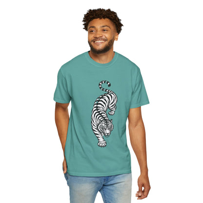 T-Shirt, Short Sleeve Boxy Crew Neck - Black & White Tiger