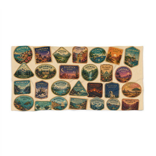 Vintage Travel Patch Beach Towel – Retro Destination Badge Print