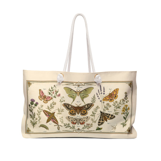Botanical Moth Weekender Bag — Vintage Floral & Moth Travel Tote