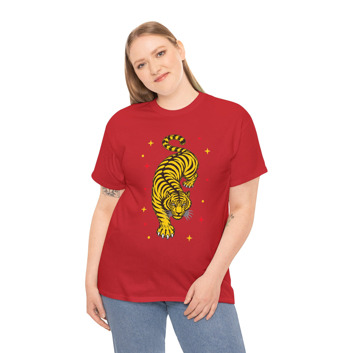 T-Shirt, Short Sleeve Boxy Crewneck - Yellow Tiger
