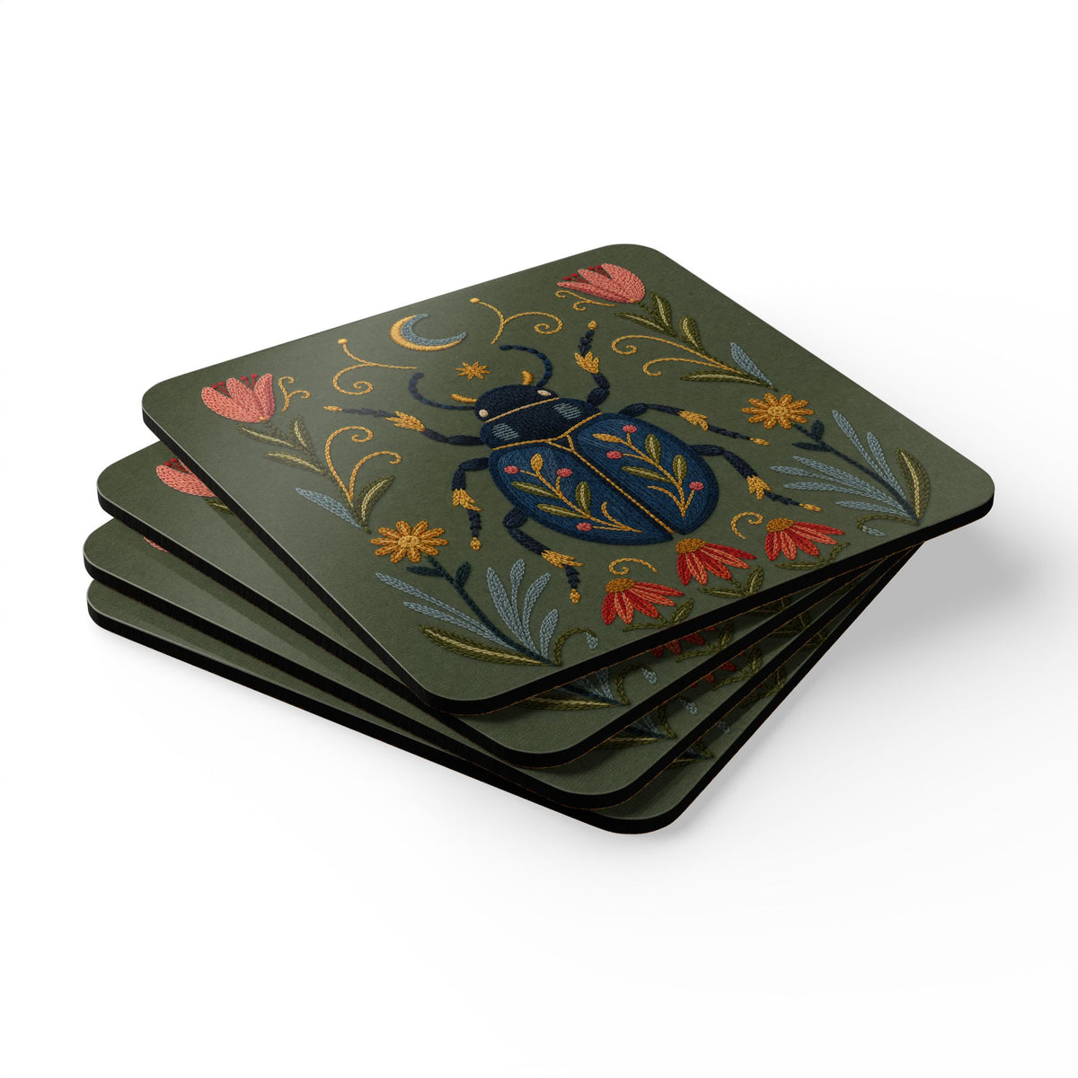 Coaster Set , Cork (4-Pack) - Floral Scarab Beetle & Moon