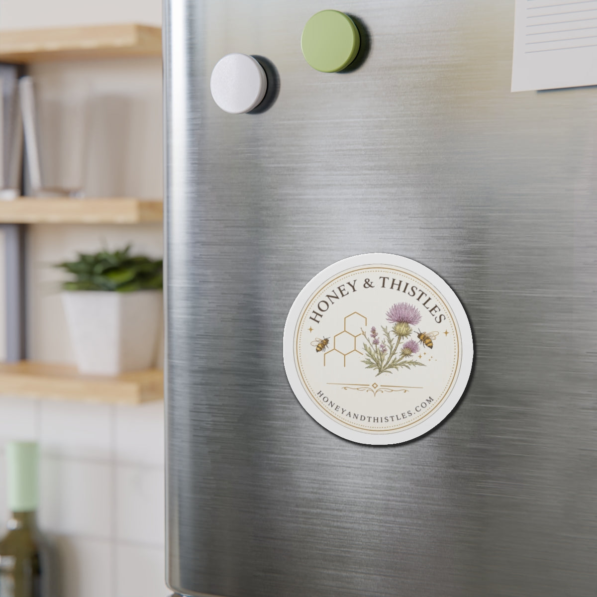 Honey & Thistles Round Die-Cut Magnet – Floral Bee Logo Refrigerator Magnet
