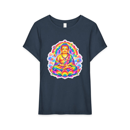 T-Shirt, Short Sleeve Boxy Crew Neck - Rainbow 1980's Buddha
