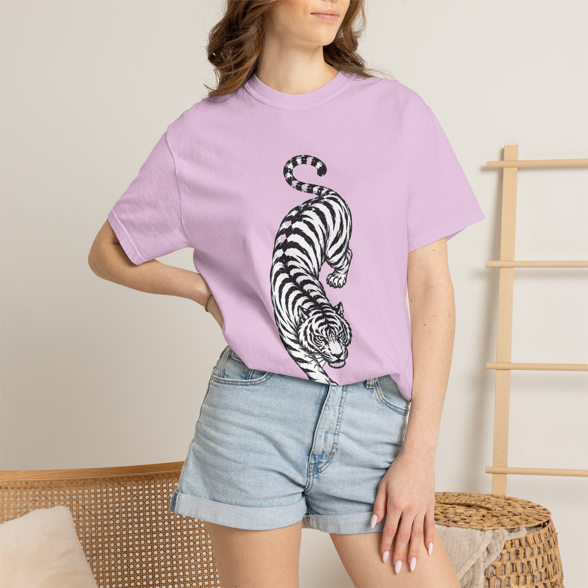 T-Shirt, Short Sleeve Boxy Crew Neck - Black & White Tiger