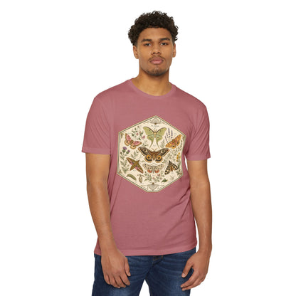 T-Shirt, Short Sleeve Boxy Crew Neck - Moth & Botanicals Hexagon Vintage Nature Illustration