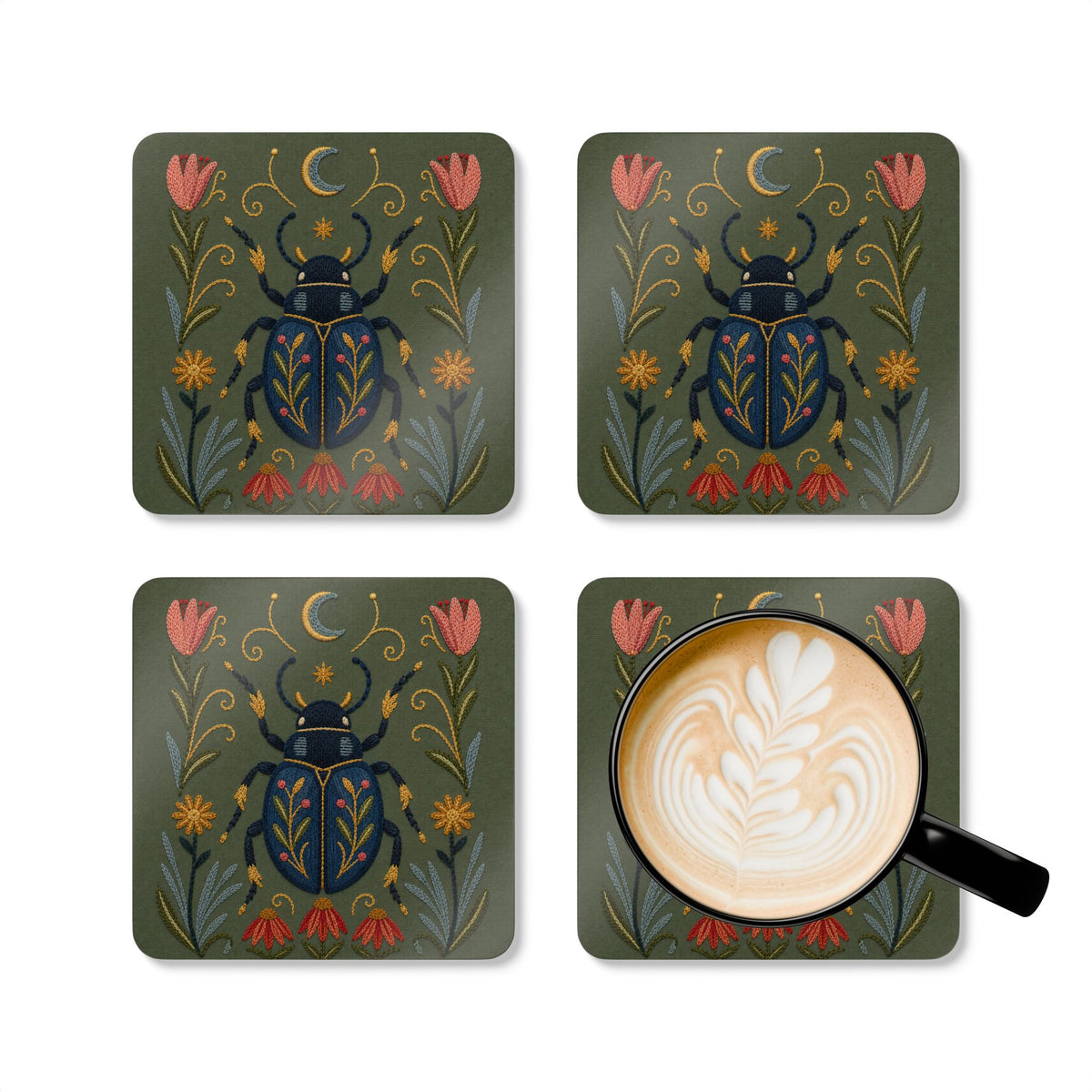 Coaster Set , Cork (4-Pack) - Floral Scarab Beetle & Moon