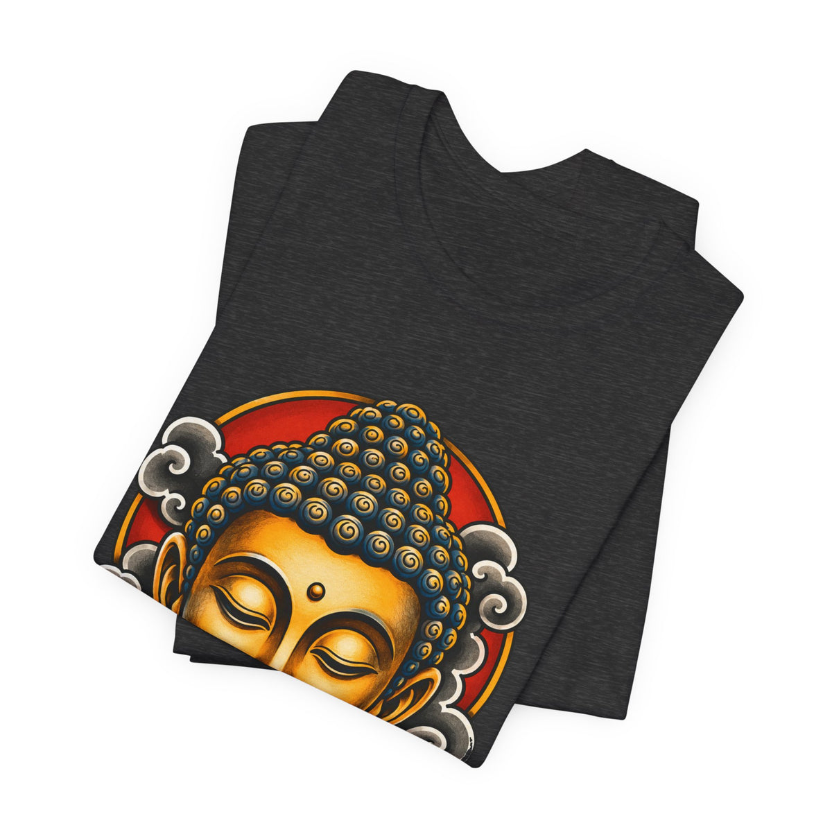 T‑Shirt, Short Sleeve Boxy Crew Neck - Golden Buddha Head with Lotus