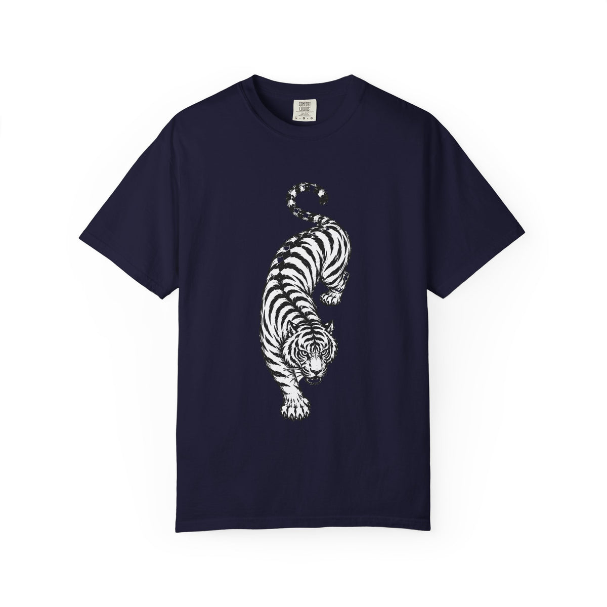T-Shirt, Short Sleeve Boxy Crew Neck - Black & White Tiger
