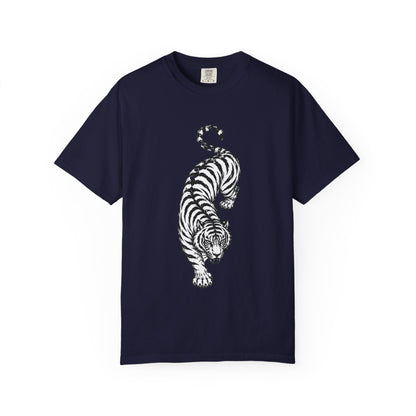 T-Shirt, Short Sleeve Boxy Crew Neck - Black & White Tiger