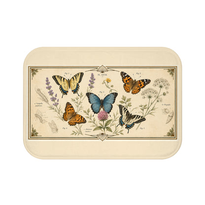 Vintage Botanical Butterfly Bath Mat — Floral Nature-Inspired Bathroom Rug