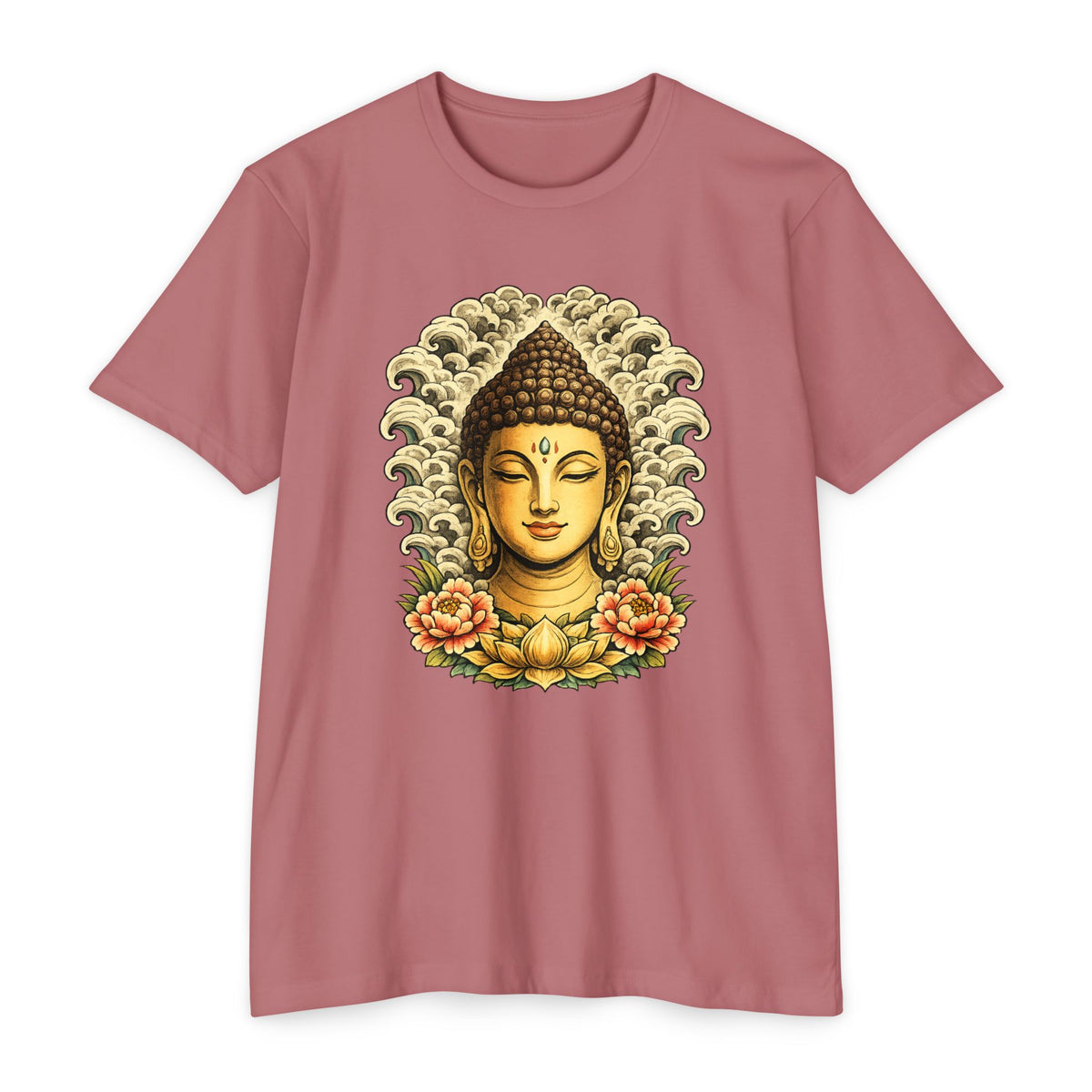 T-Shirt, Short Sleeve Boxy Crew Neck - Buddha Head Floral