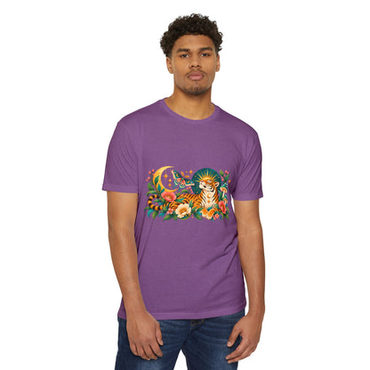 T-Shirt, Short Sleeve Boxy Crew Neck- Tiger Moon Celestial Floral
