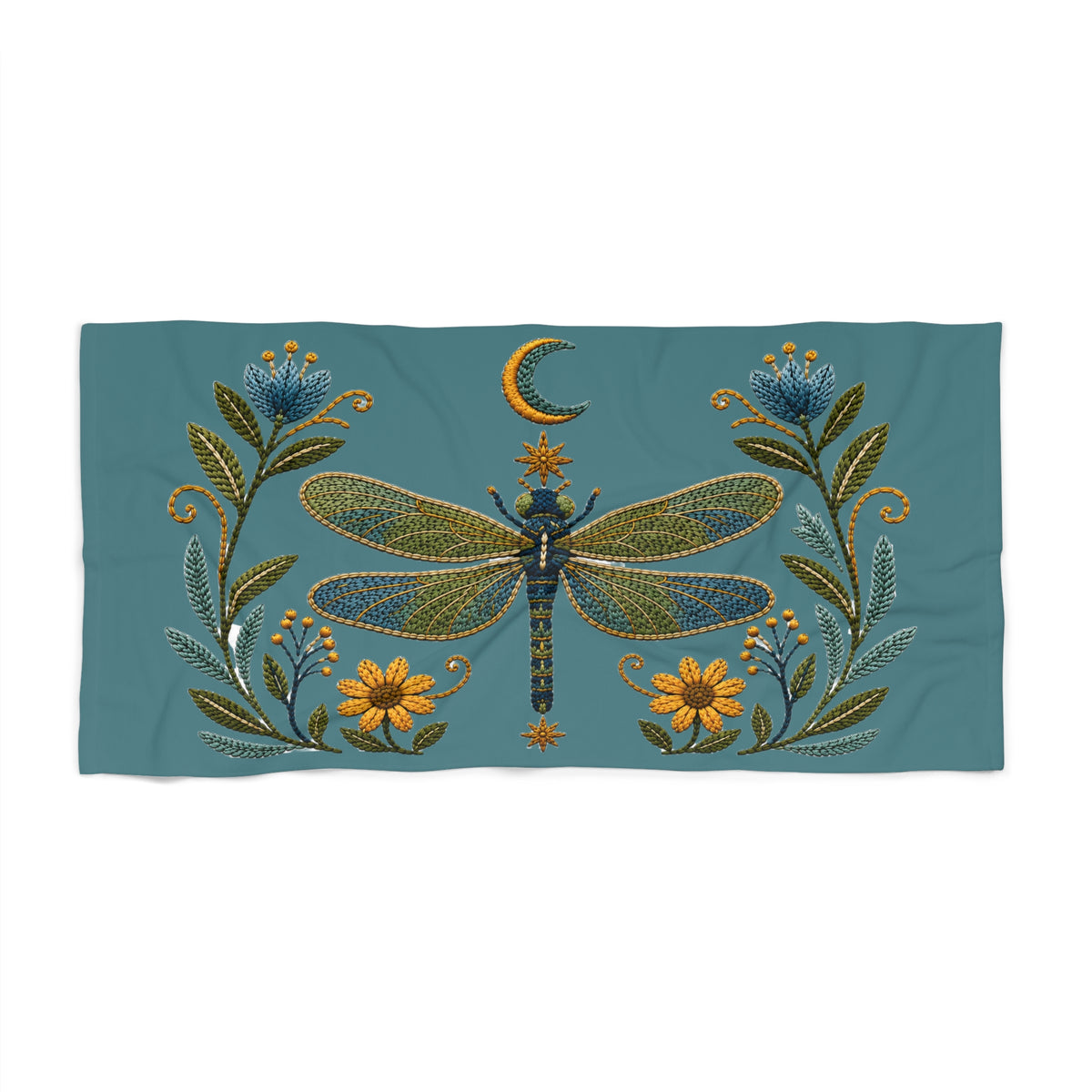 Towel, Beach - Floral Dragonfly & Moon (teal)