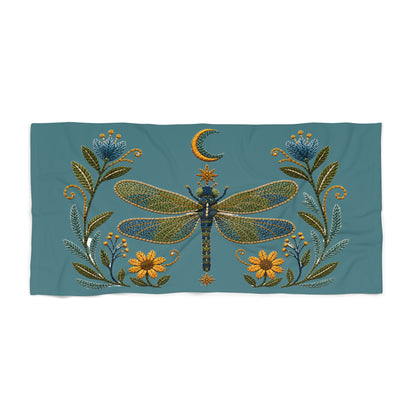 Towel, Beach - Floral Dragonfly & Moon (teal)