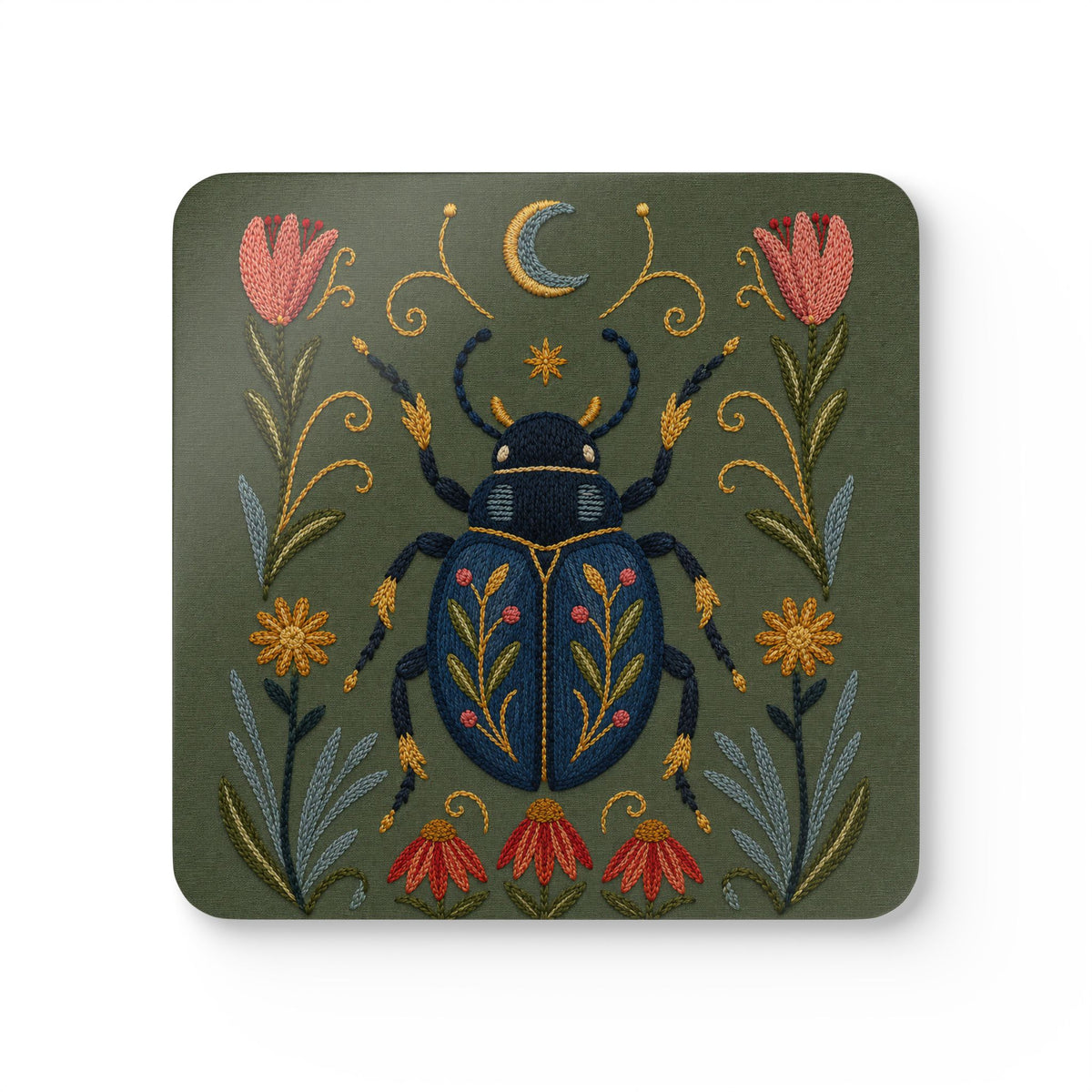 Coaster Set , Cork (4-Pack) - Floral Scarab Beetle & Moon