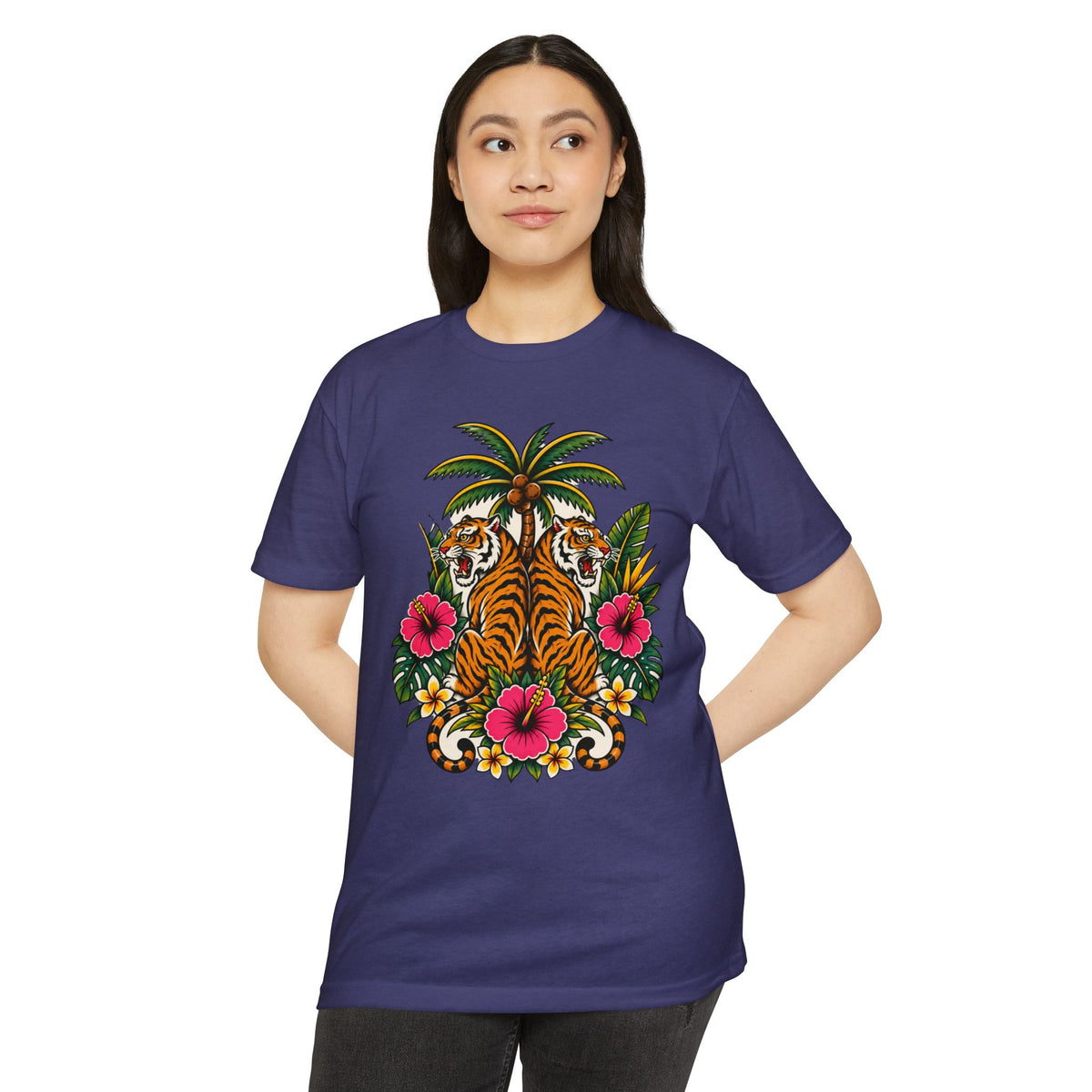 T-Shirt, Short Sleeve Boxy Crew Neck - Tiger Tiger Tropics Vintage Floral Palm