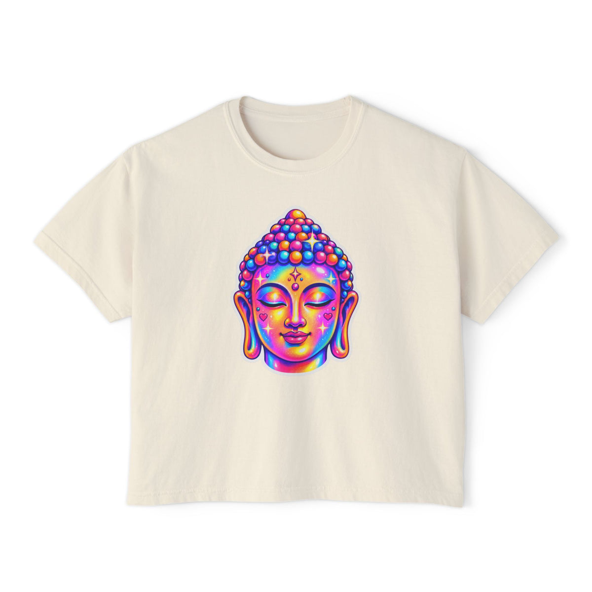 T-Shirt, Short Sleeve Boxy Crew Neck Cropped - 1980s Buddha Head