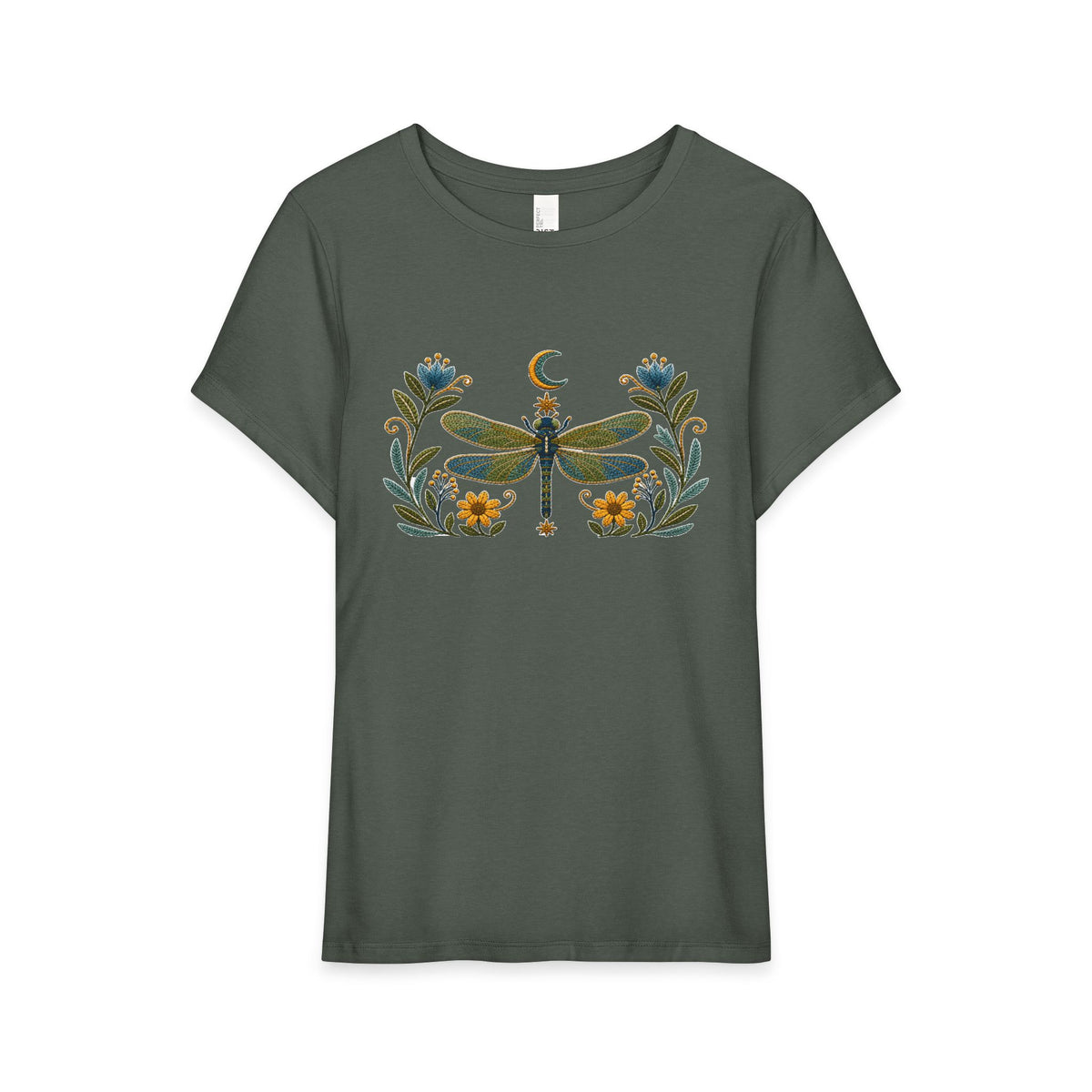 T-Shirt, Short Sleeve Wide Neck Relaxed Fit - Floral Dragonfly & Moon