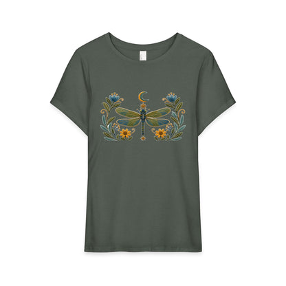 T-Shirt, Short Sleeve Wide Neck Relaxed Fit - Floral Dragonfly & Moon