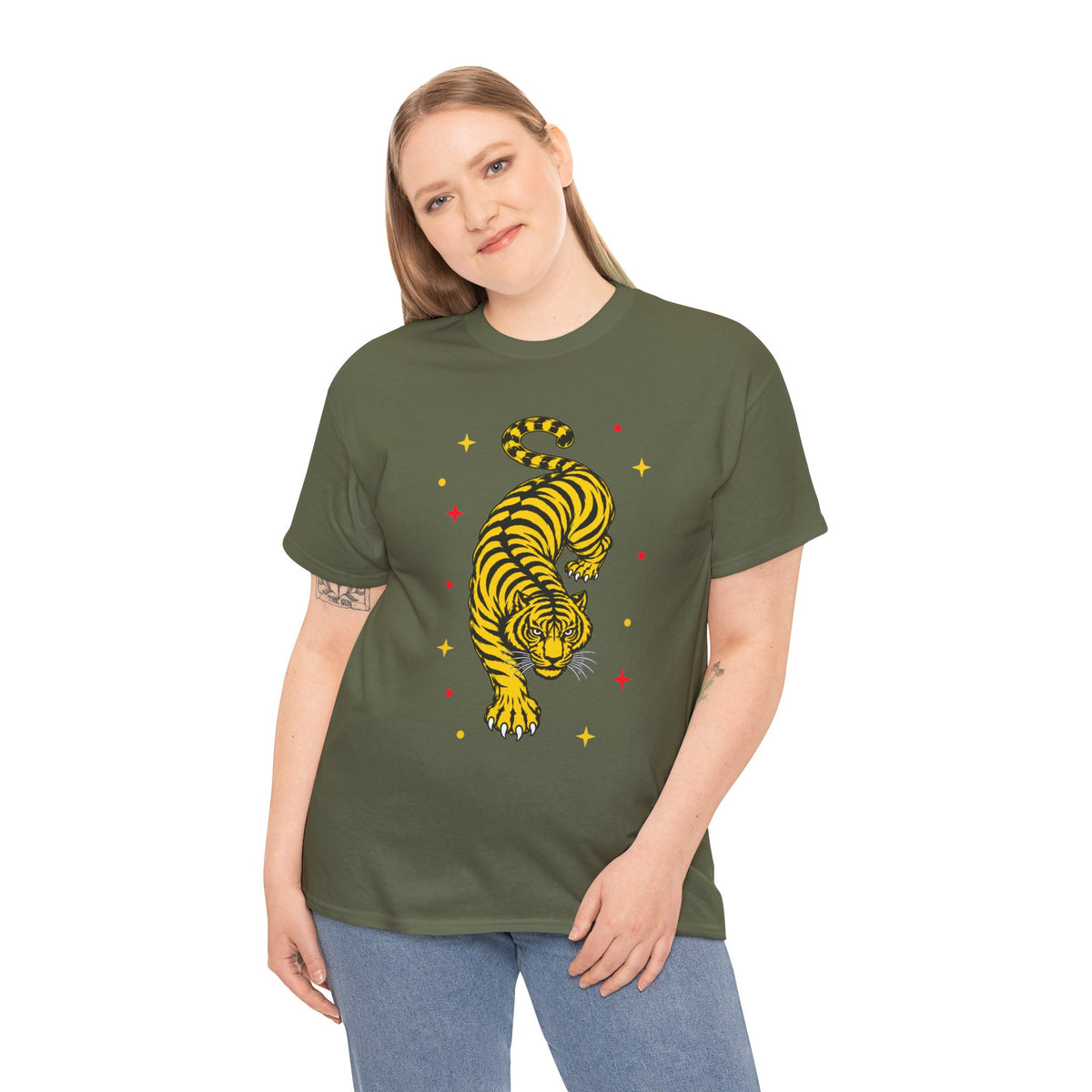 T-Shirt, Short Sleeve Boxy Crewneck - Yellow Tiger
