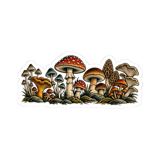 Mushroom Forest Kiss-Cut Sticker — Vintage Fungi LapTop Decal