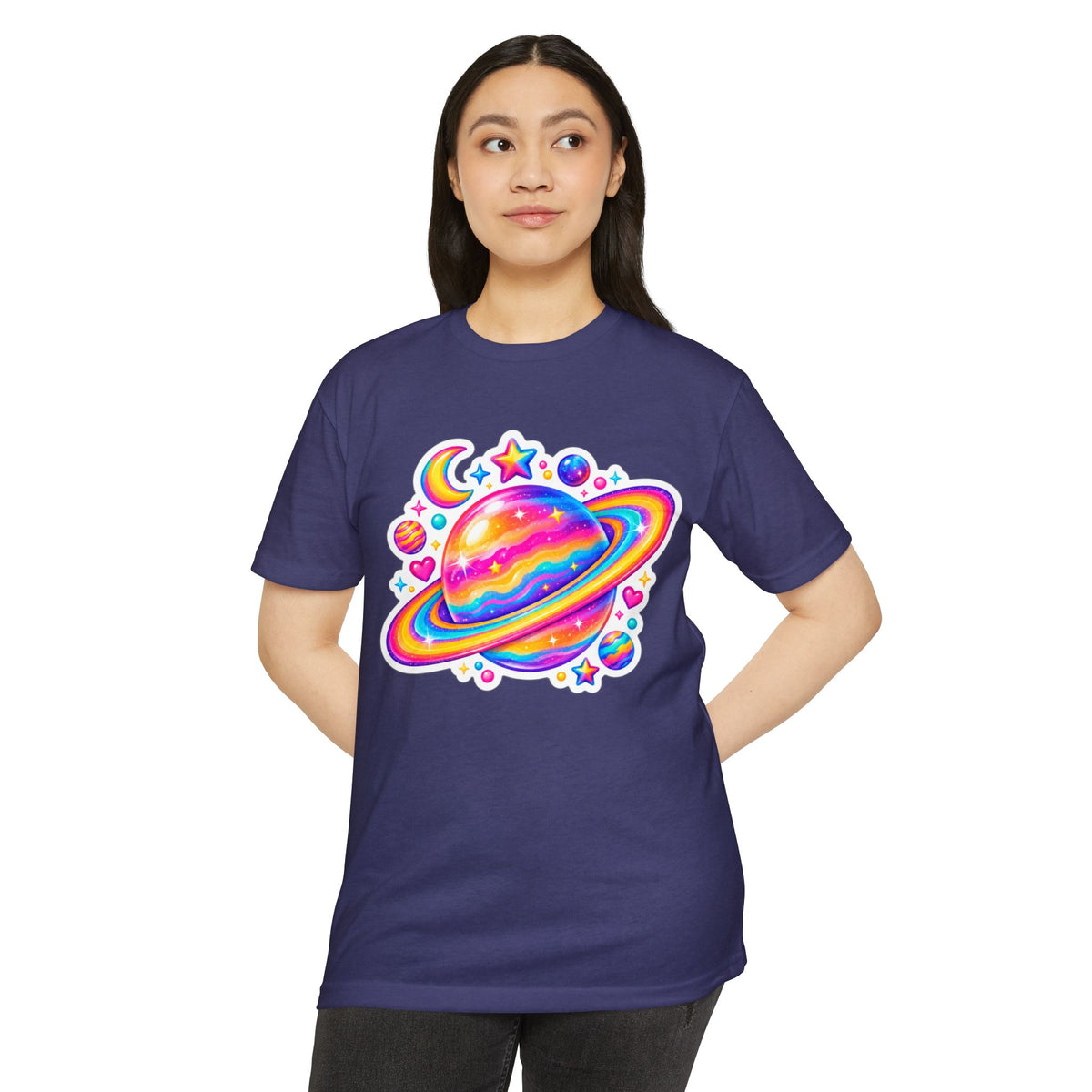 T‑Shirt, Short Sleeve Boxy Crew Neck - Rainbow Planet Cosmic Space