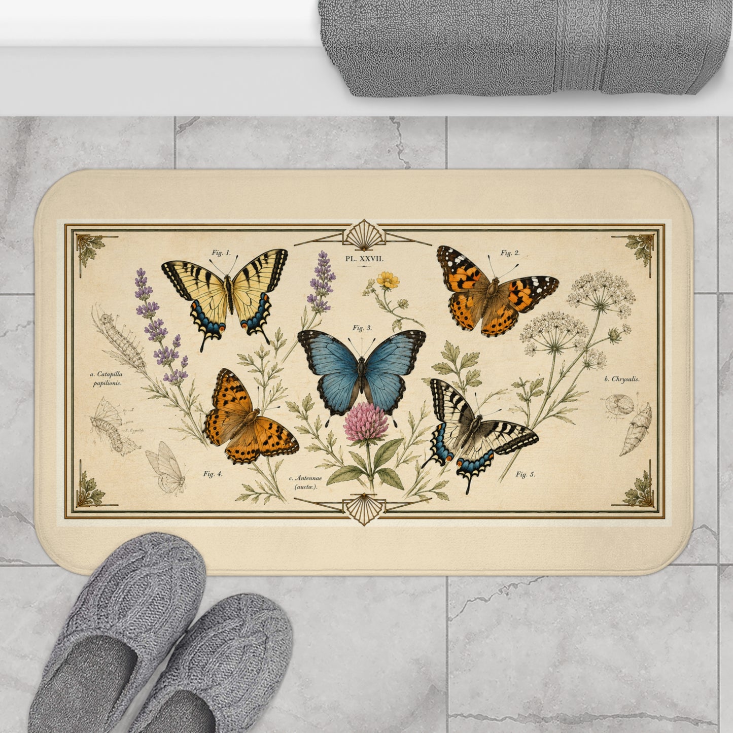 Vintage Botanical Butterfly Bath Mat — Floral Nature-Inspired Bathroom Rug