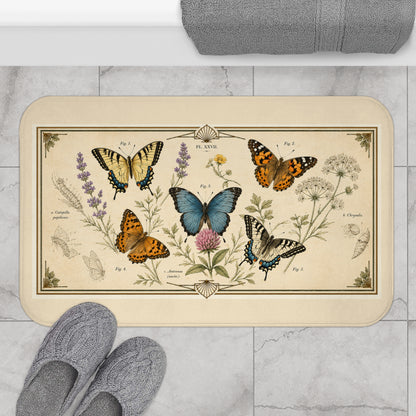 Vintage Botanical Butterfly Bath Mat — Floral Nature-Inspired Bathroom Rug