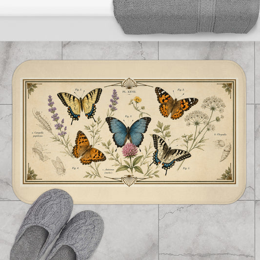 Vintage Botanical Butterfly Bath Mat — Floral Nature-Inspired Bathroom Rug