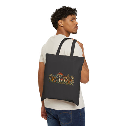 Mushroom Garden Canvas Tote Bag — Vintage Wild Fungi Illustration Eco Market Bag