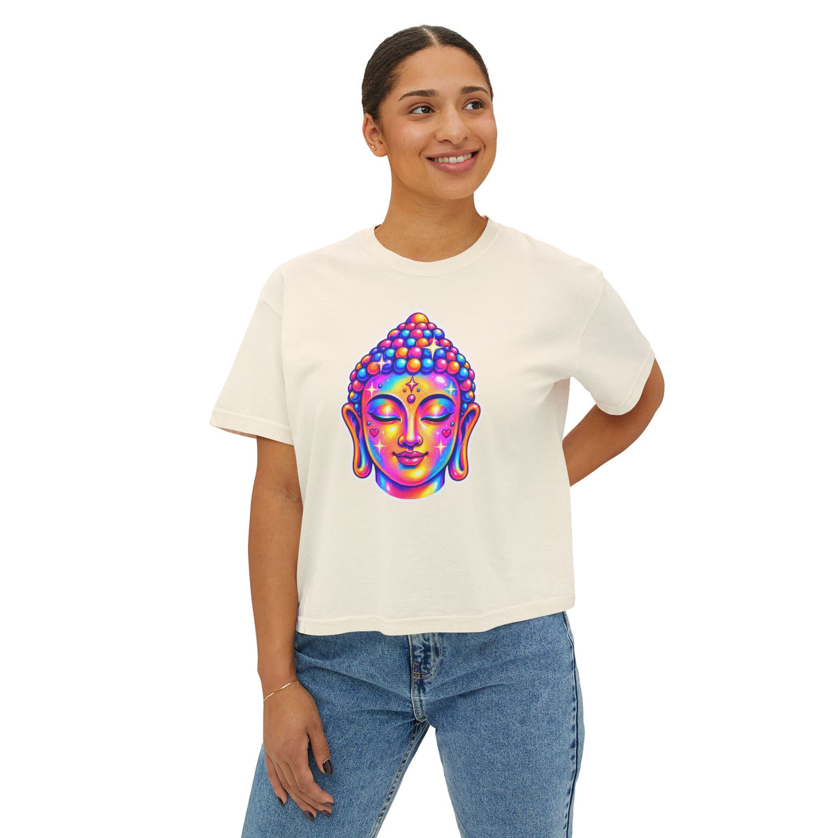 T-Shirt, Short Sleeve Boxy Crew Neck Cropped - 1980s Buddha Head