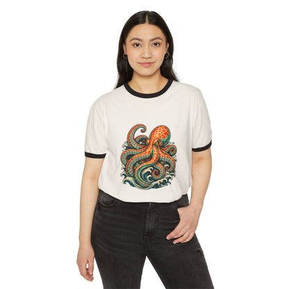 T-Shirt, Ringer - Octopus Ocean Waves