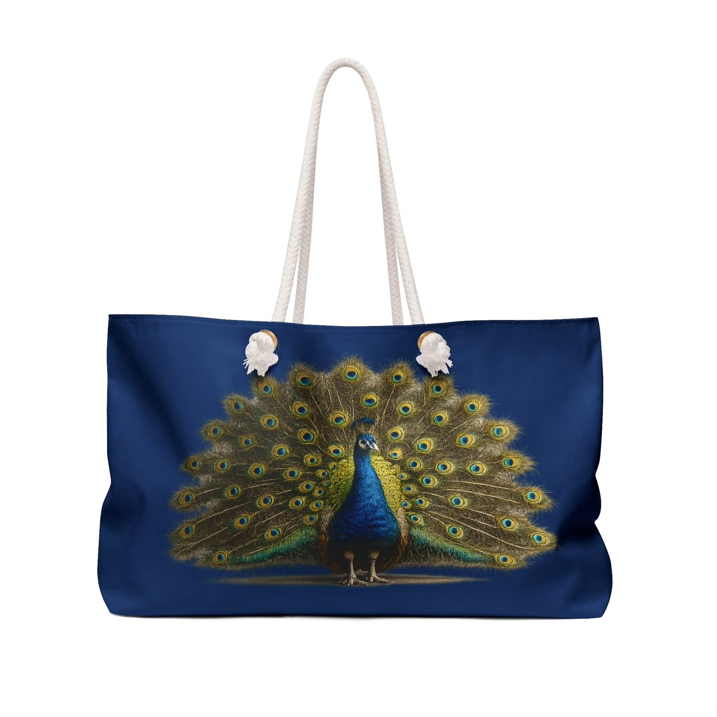 Peacock Feather Weekender Bag — Blue Travel Tote with Vibrant Peacock Design