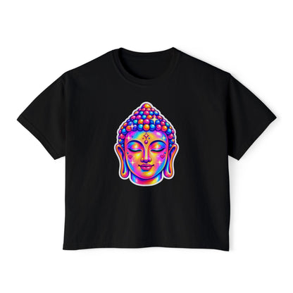 T-Shirt, Short Sleeve Boxy Crew Neck Cropped - 1980s Buddha Head